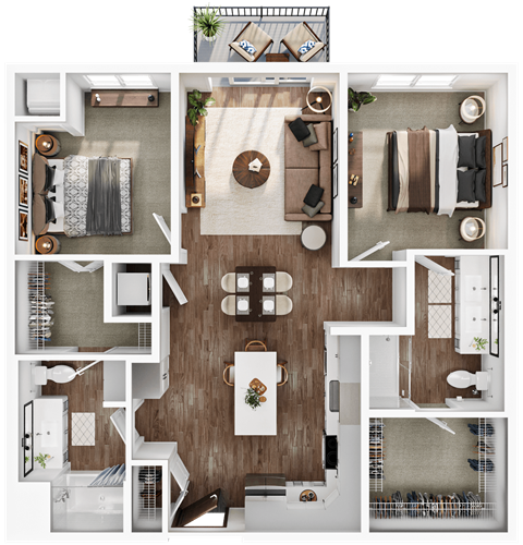 Floor plan for 2 beds, 2 baths, 1105 sqft